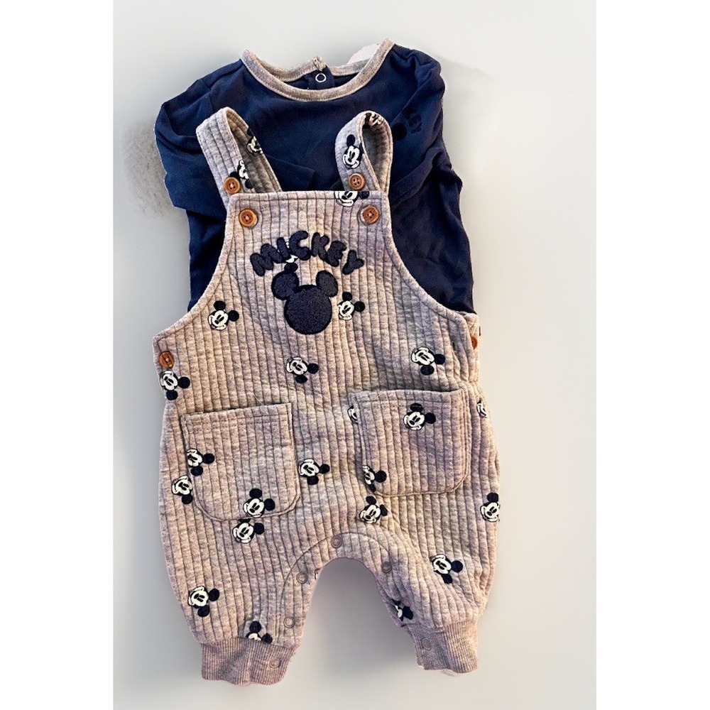 Disney Baby Mickey Mouse Gray Knit Overall Set Long Sleeve 0-3 Months soft